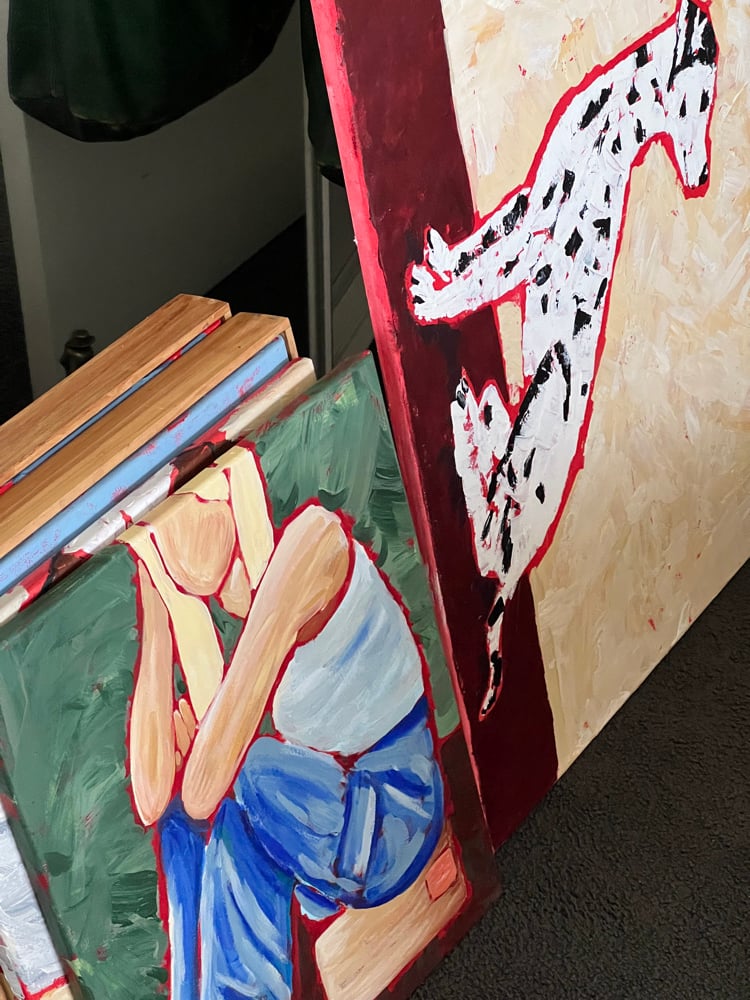 'Char and BODHi' painting in room — buy original art online Vanessa Franklin Australia