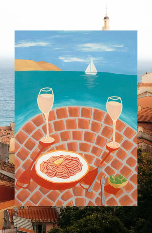 'Déjeuner sur Mer' French coastal lunch still life giclée fine art print by Sydney artist Vanessa Franklin — Mediterranean wall art
