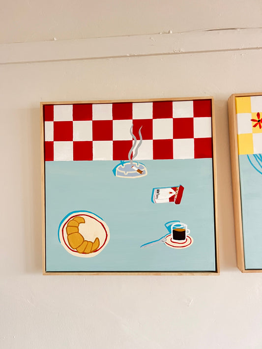 'The Original French Breakfast' acrylic painting 50x50cm framed canvas by Sydney artist Vanessa Franklin — French breakfast still life wall art