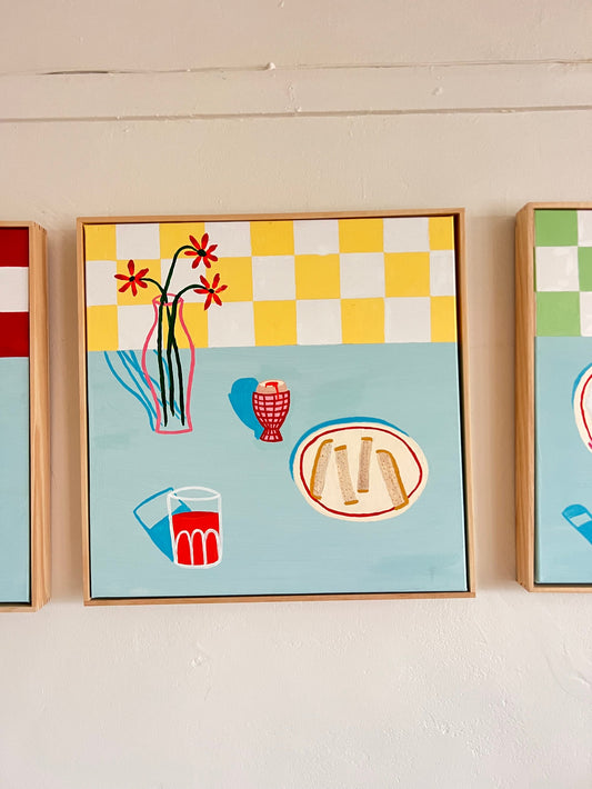 'Dippy Eggs and Soldiers' original acrylic painting 50x50cm framed canvas by Sydney artist Vanessa Franklin — breakfast still life wall art