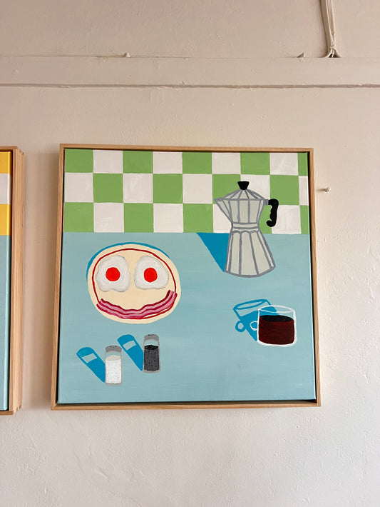 'Sunny Side Up' original acrylic painting 50x50cm framed canvas by Sydney artist Vanessa Franklin — egg breakfast still life wall art Australia