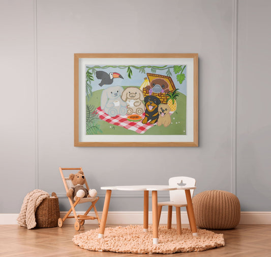 'Puggle Picnic' playful dog still life giclée fine art print by Sydney artist Vanessa Franklin — Australian animal wall art