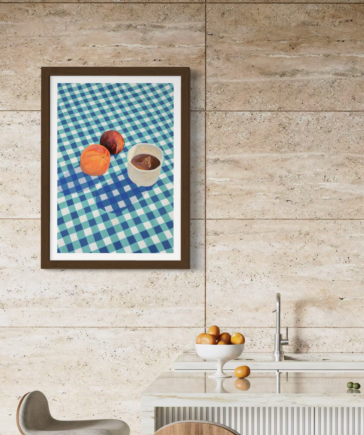 'El Desayuno' Spanish breakfast peach coffee still life giclée print by Sydney artist Vanessa Franklin — food wall art Australia