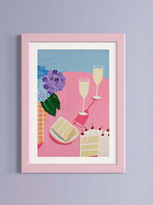 'Bubbly and Buttercream' champagne cake celebration still life giclée print by Sydney artist Vanessa Franklin — colourful wall art Australia