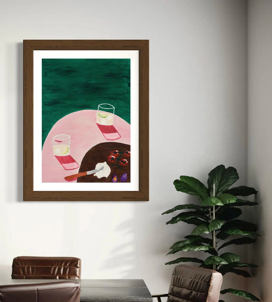 'Tequila Soda and Burrata' Mediterranean food drink still life giclée print by Sydney artist Vanessa Franklin — colourful wall art Australia